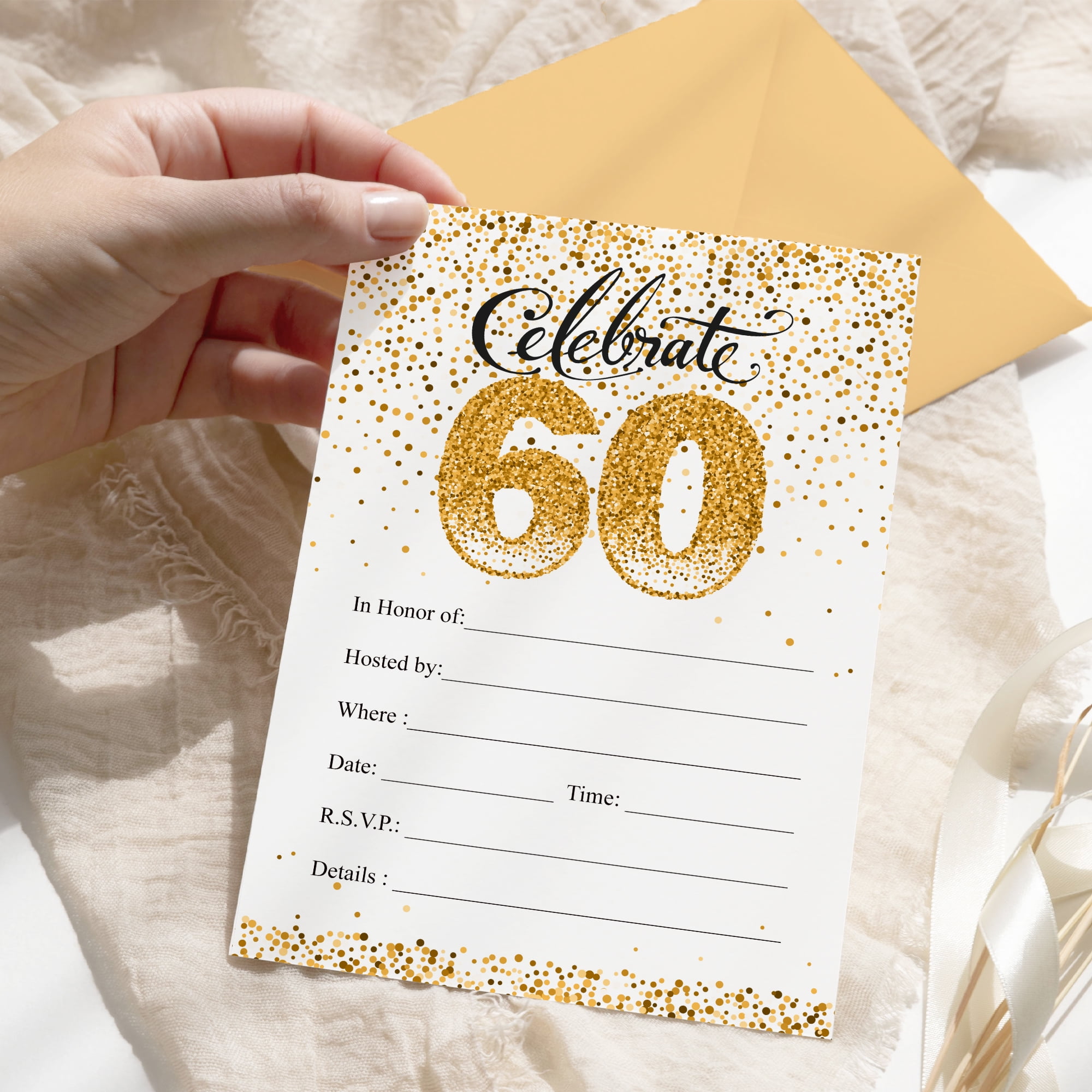 Distinctivs White and Gold 60th Birthday Party Invitation Cards with Envelopes, 10 Invites - Walmart.com